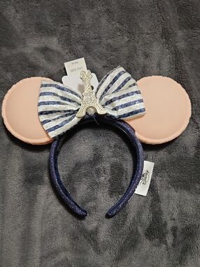 Disney Pink Ear Headband with Navy Bow and Eiffel Tower Charm